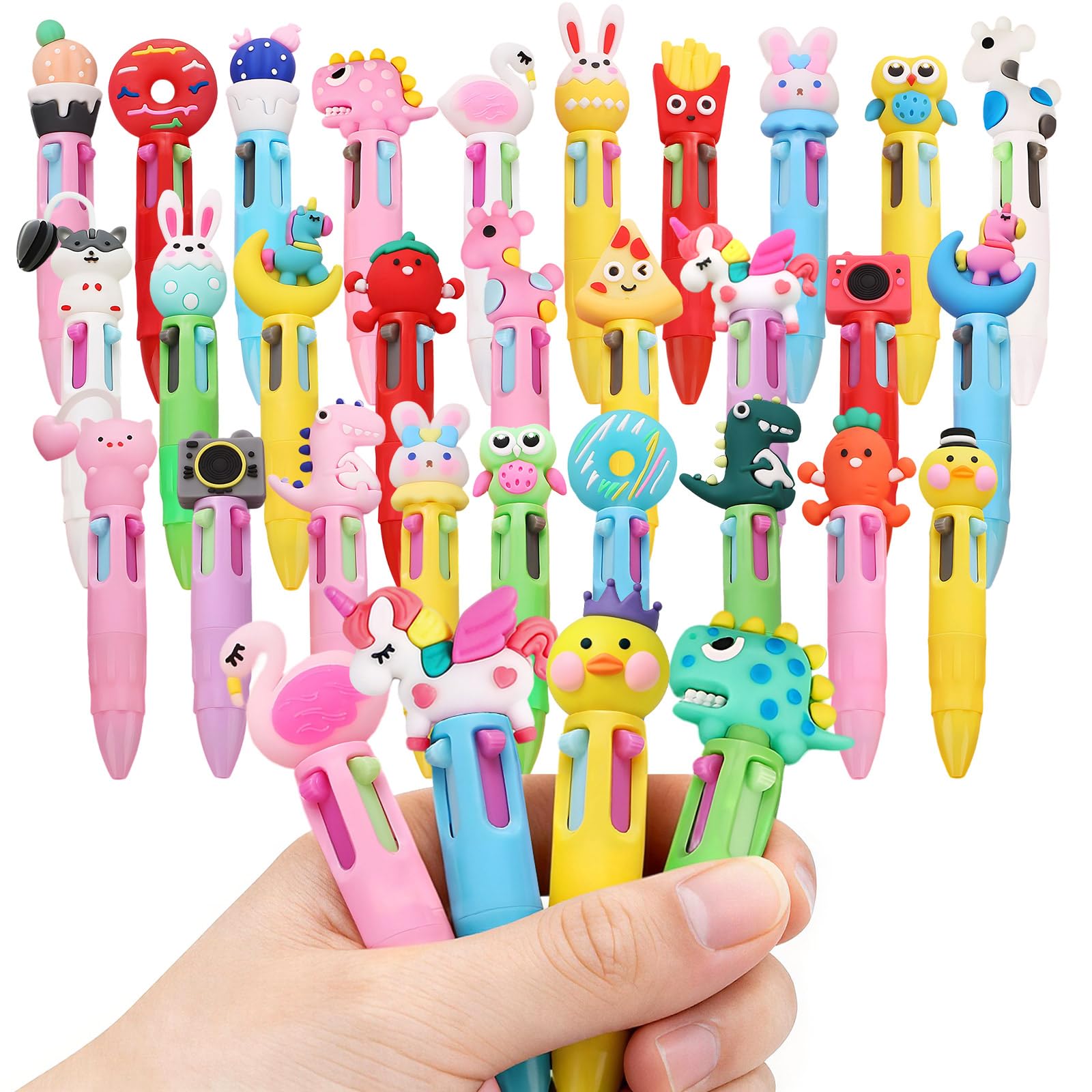 Joollurm Cartoon Pens for Kids Party Bag Fillers, Pack of 32 Cute Novelty 4 Color Pens, Multi Colour Ballpoint Pen Ideal End of Year Class Gifts Creative Fun for Girls Boys