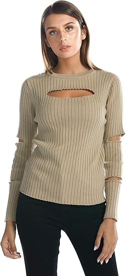 Amazon バルゴース Bargoos 胸元セクシー ニットセーター レディース 胸開き トップス 長袖 クルーネック プルオーバー 大人 無地 ワイドリブ カジュアル セーター ベージュ S セーター 通販