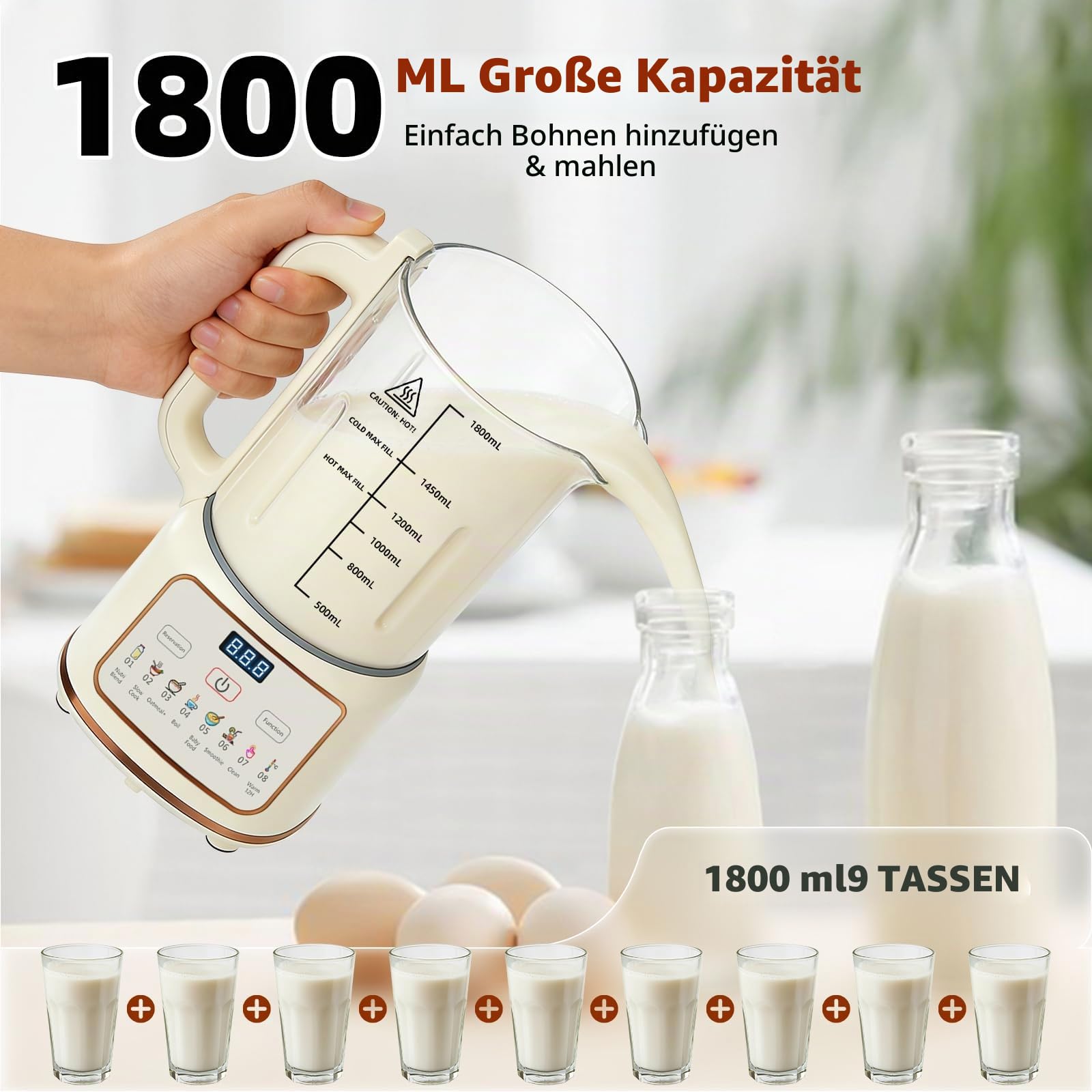 Nussmilchmaschine 1800ml, Pflanzenmilchbereiter mit Touchdisplay