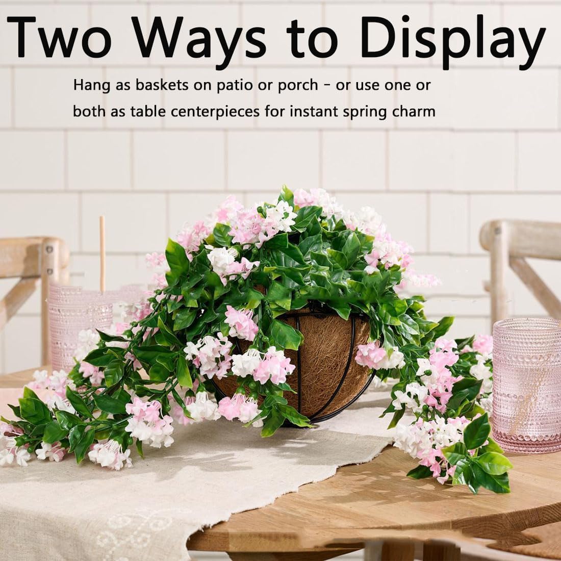 15" Faux Crepe Myrtle Hanging Baskets - Set of 2, Realistic Artificial Flowers for Outdoors, UV Resistant & No Maintenance, Faux Greenery for Porch, Garden, Patio, Window Box Decor (White)
