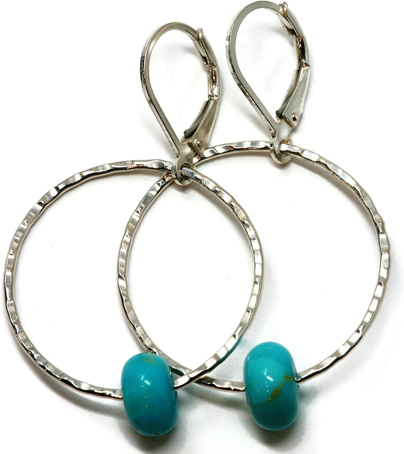 Kingman Turquoise Leverback Hammered Hoop Earrings