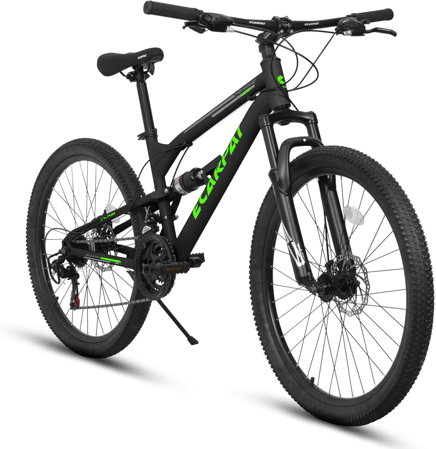 Full Suspension Mountain Bike 24/26 Inch Wheel, 21-Speed Mountain Bicycle with Dual Disc Brakes Thumb Shifter, Carbon Steel Frame MTB Bike for Teenagers Adult Men Women Trail Commuter