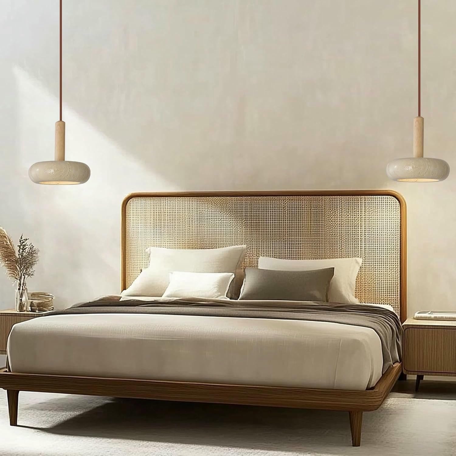 Lámpara colgante estilo japonés Wabi-sabi, redonda, de piedra natural, de madera dormitorio mesita de noche 7W para sala de estar comedor, mesa, lámpara colgante de techo, 2 unidades