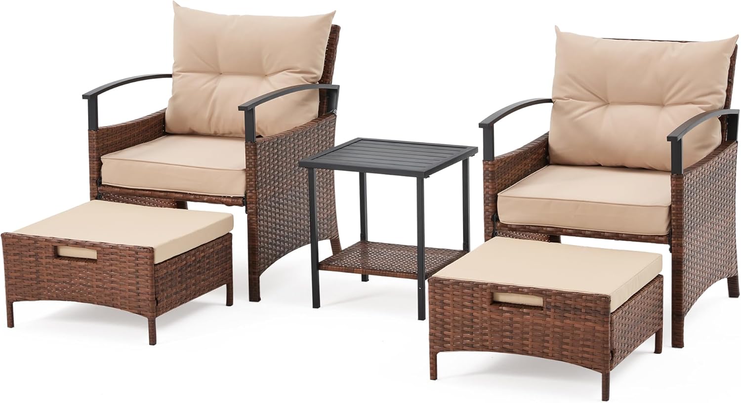 ECOTOUGE 5 Pieces Patio Furniture Set, Outdoor Wicker Chairs with Pull Out Ottoman & Metal Coffee Table, Rattan Conversation Set for Garden, Deck, Balcony, Poolside(Beige)