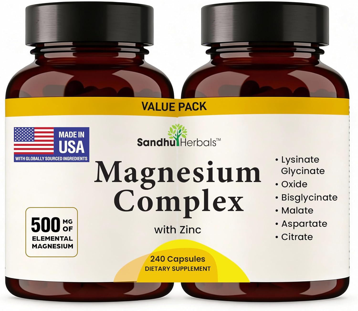 Complete Magnesium Complex 500mg for Women & Men | 240 Capsules | 6 in 1 Mag Supplement with Zinc | Quality Sleep & Muscle Health | Glycinate, Citrate, Malate, Oxide, Aspartate, Lysinate Glycinate