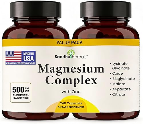 Complejo completo de magnesio de 500 mg para mujeres y hombres | 240 cápsulas | Suplemento Mag 6 en 1 con zinc | Calidad del sueño y salud muscular