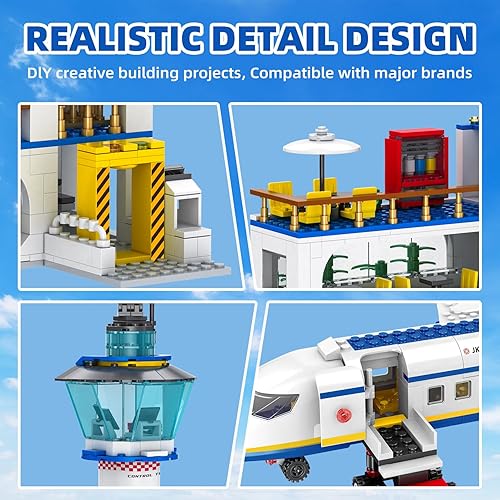 Miniatura 5 de Juego de 886 piezas de terminal de pasajeros del aeropuerto de la ciudad, juguete de bloques de construcción de aviones 6 en 1, ladrillos de avión