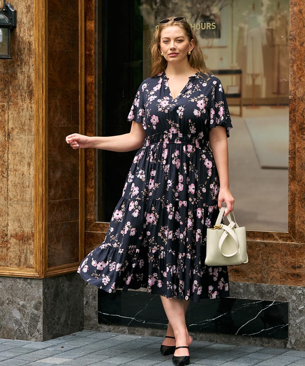 RITERA Plus Size Dresses for Women Smocked Ruffle V Neck Short Sleeve Summer Flowy Boho Wedding Dresses Pocket XL-5XL