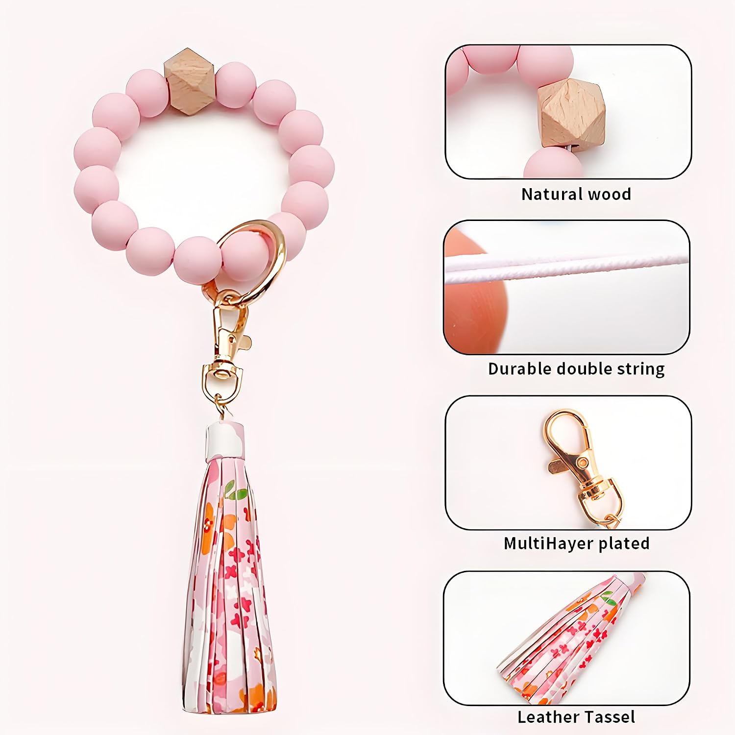 Wrist Bracelet Keychain, Tassel Silicone Beaded Bangle Key Ring Credit Card Holder Purse Zip Slim Wallet Gifts for Women (Pink) image 5