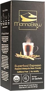 MannaBrew Superfood Espresso, Caffeine-Free Roasted Mesquite Bean Powder, USDA Organic, 20 Sachets (8g Each), Natural Coffee Alternative for French Press and Espresso Machine