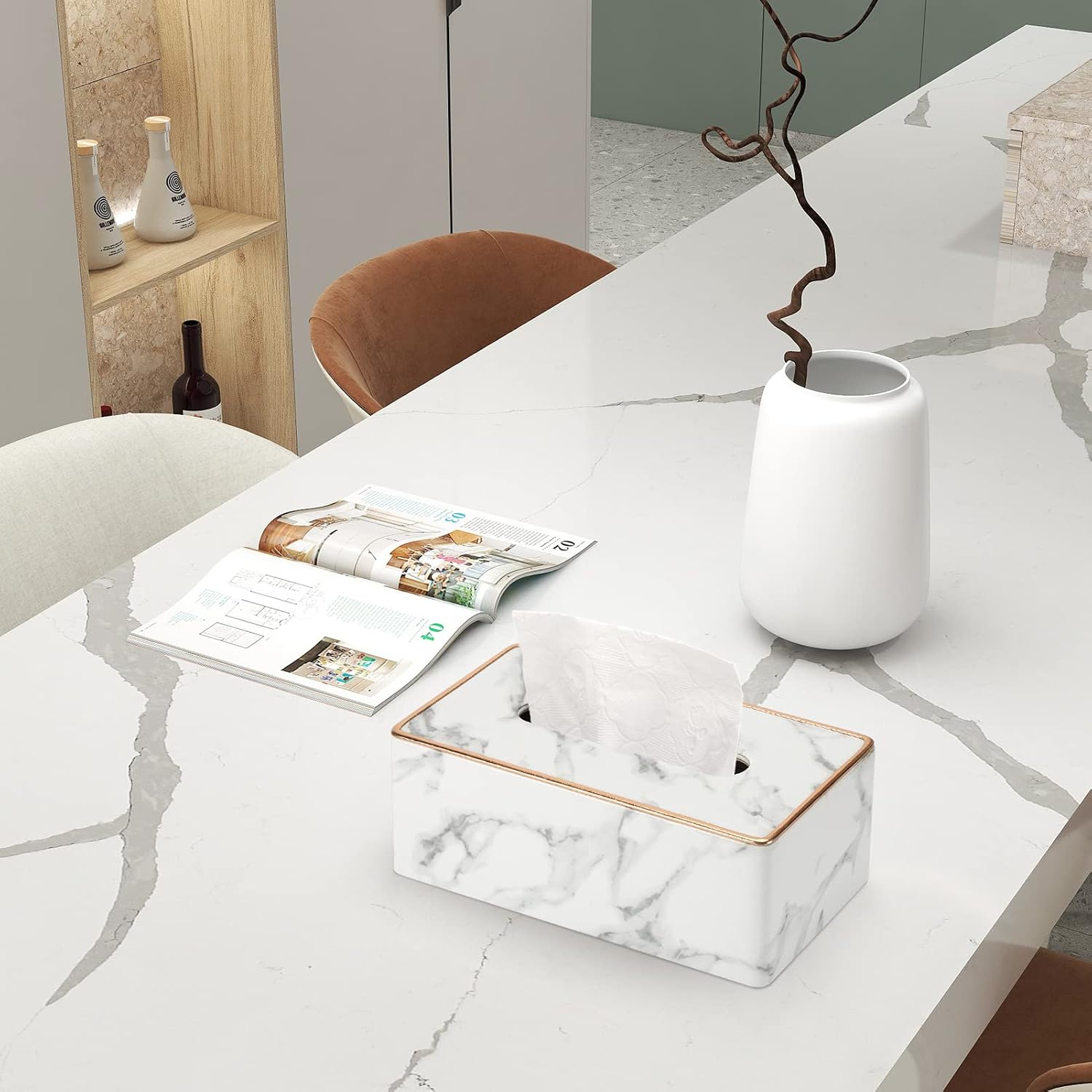 Tissue Box Cover, PU Leather Tissue Box Holder Rectangular Tissue Holders for Home/Office/Car Decoration 9.84"X5.23"X3.77" - Phnom Penh Marble image 3