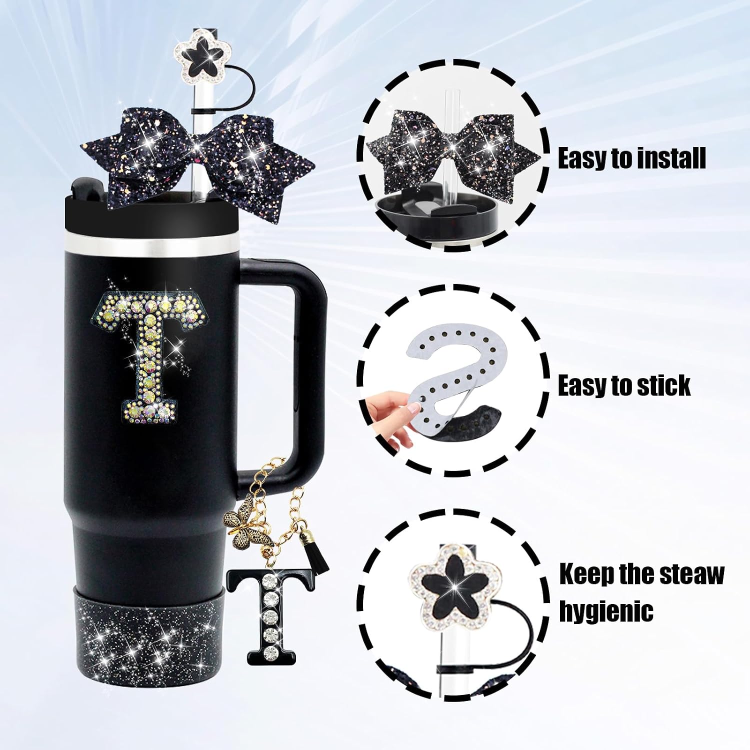 7PCS Black Stanley Cup Accessories Set For Stanley Cup 30oz 40oz,Including diamond Straw Topper,Letter Charm,Bling Bow,Initials Sticker,Spill Proof Stopper,Silicone Boot(Black T) image 3
