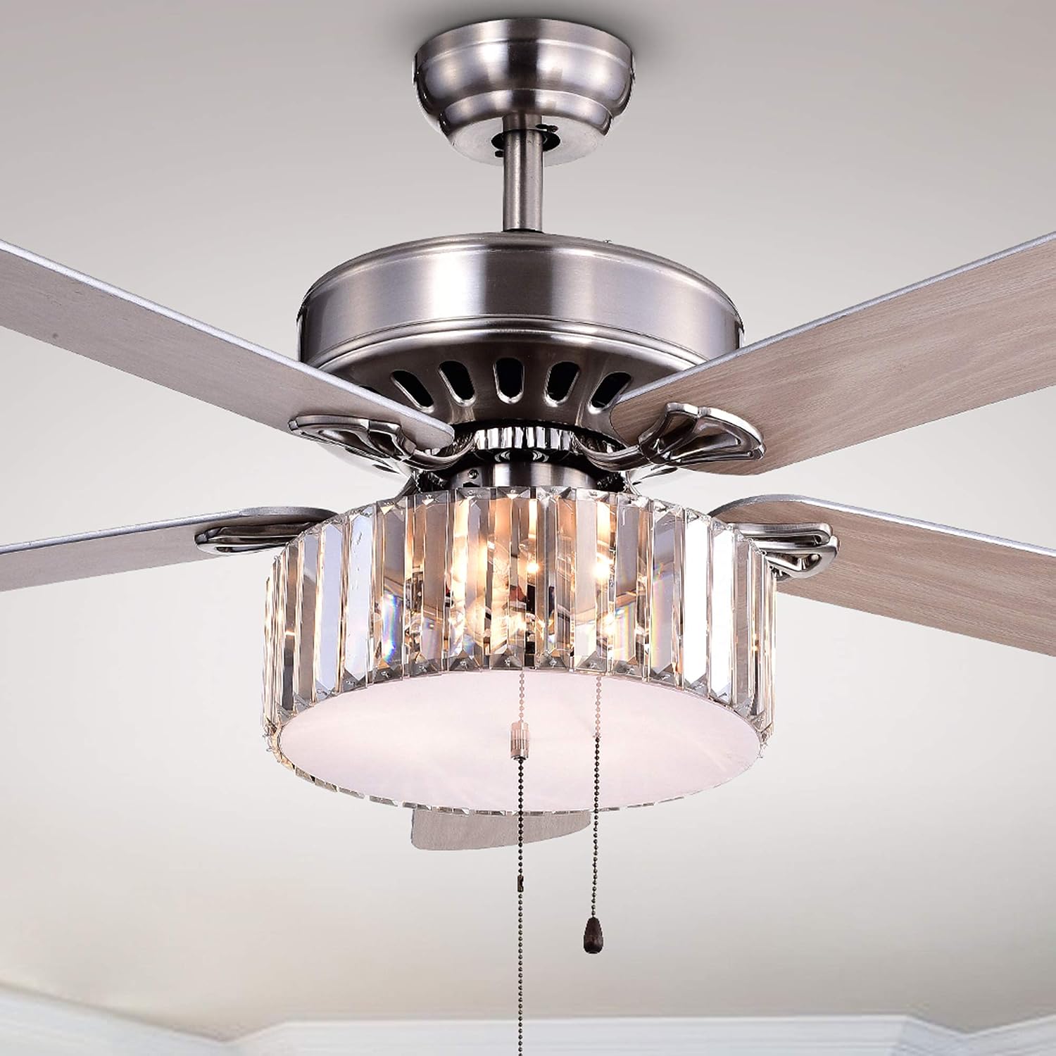 Close-up of the Kimalex ceiling fan's motor housing, blades, and crystal light fixture