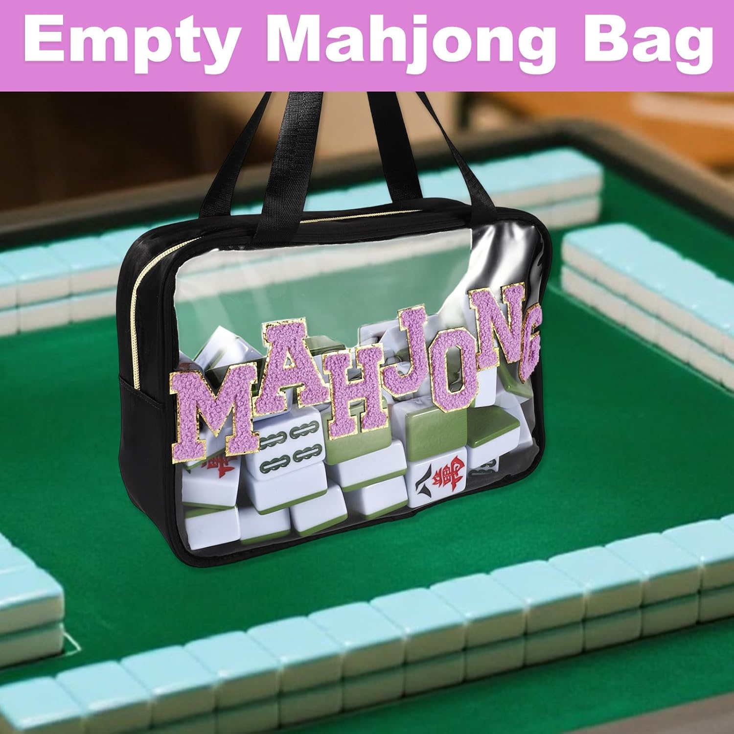 Empty Mahjong Bag, 11.81x8.66x3.54in PVC Material Clear American Mahjong Tile Travel Carrying Storage Case with Smooth Zipper and Sewn-in Chenille Lettering Patterns for Game Lovers(Only Bag, Black)