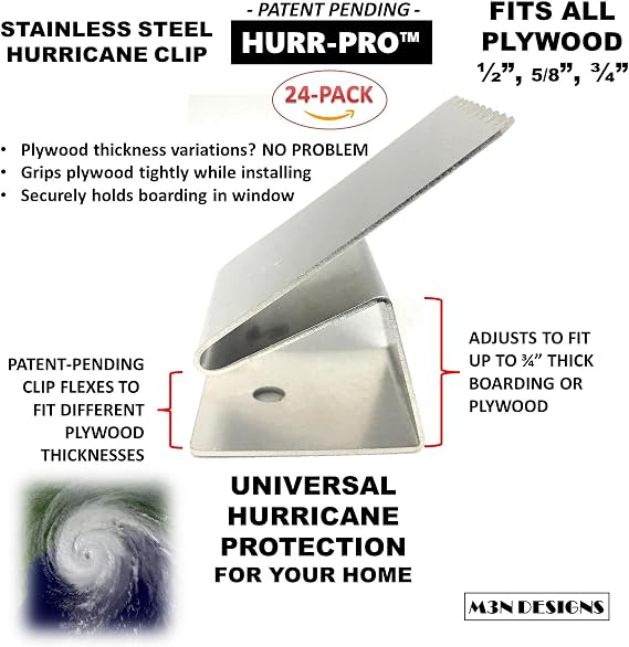 Universal Hurricane Window Clips, Stainless, 1/2 to 3/4 One-Size-Fits-All, 24-Pack 6-Windows, Reusable Hurricane Clip, Patent Pending