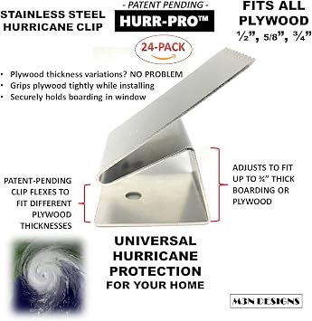 Universal Hurricane Window Clips, Stainless, 1/2 to 3/4 One-Size-Fits-All, 24-Pack 6-Windows, Reusable Hurricane Clip, Patent Pending