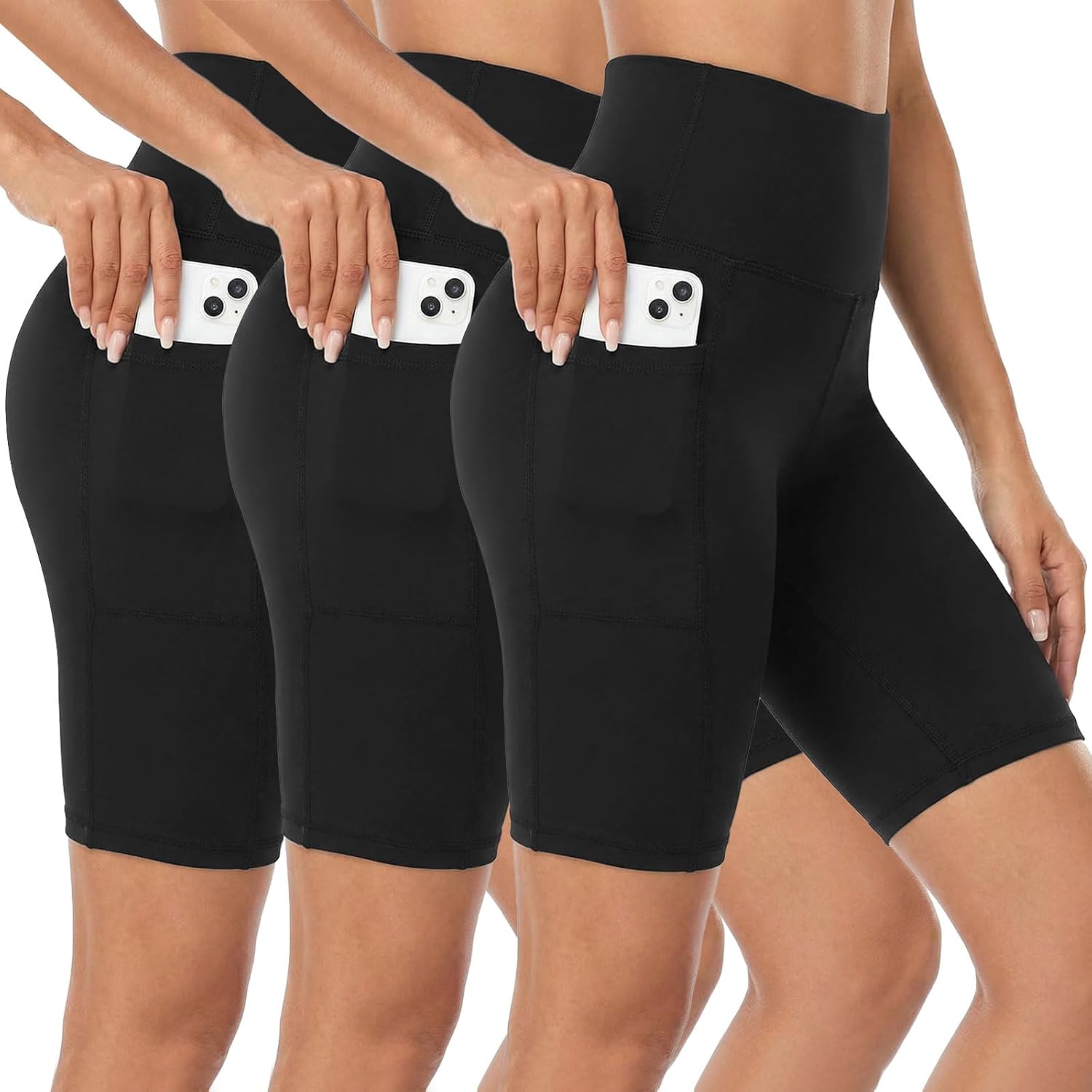 Purplepig 3 Pack Women's Biker Shorts with Pockets, 8" High Waisted Tummy Control Workout Shorts for Yoga Running Gym