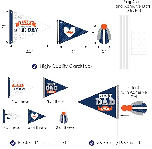 Vista 3 de Big Dot of Happiness Happy Father's Day Triangle We Love Dad Party Photo Props Centros de mesa de bandera con banderines Juego de 20