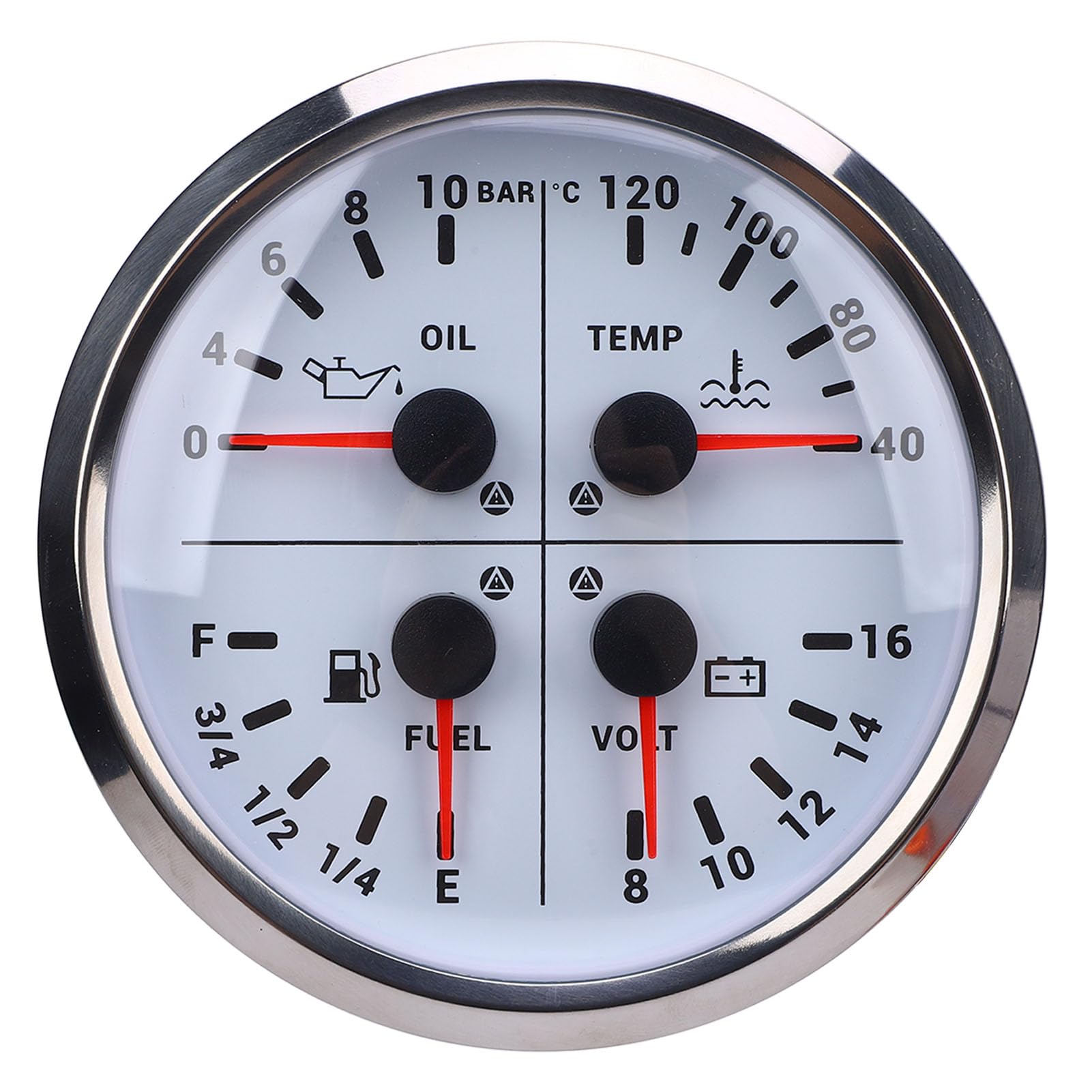 Drfeify Wielofunkcyjny Wskaźnik 4 w 1 Cyfrowy Poziom Paliwa Ciśnienie Temperatura Wody Woltomierz Metal 4 3 8 Cali 104 do 248F 0 do 10 Barów 8 16 V dla RV Yacht Truck Van (Srebrna ramka z białą