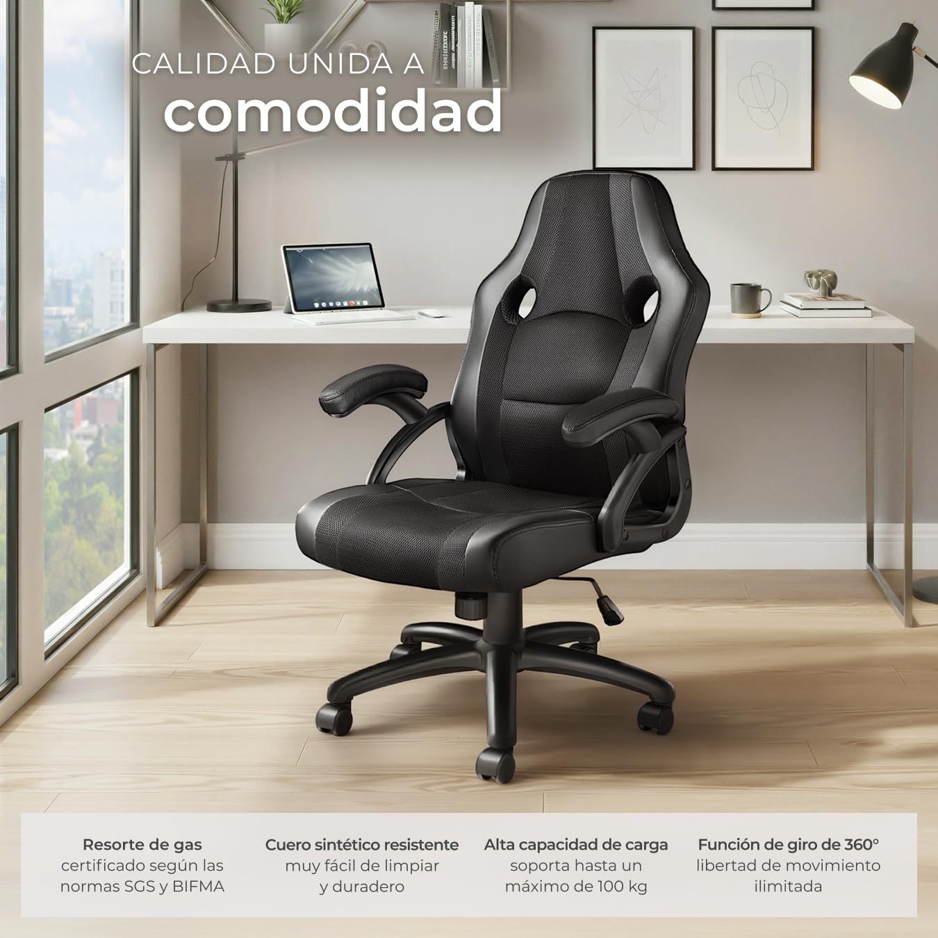 tectake® Silla Gaming, Silla Oficina Ergonómica, Reposabrazos, Ajustable Altura, Silla Estudio, Gaming Chair, Asiento Gamer, Sillón Gaming, Ergonómico, Mecanismo Basculante, Giro 360 - Negro/Negro