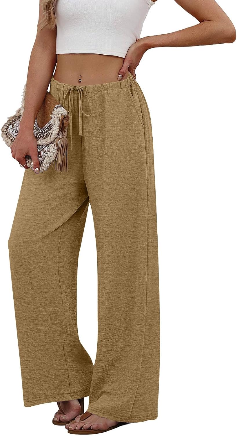 Wide Leg Pants for Women Flowy Palazzo Summer Beach Vacation Drawstring Elastic Waist Work Trousers with Pockets