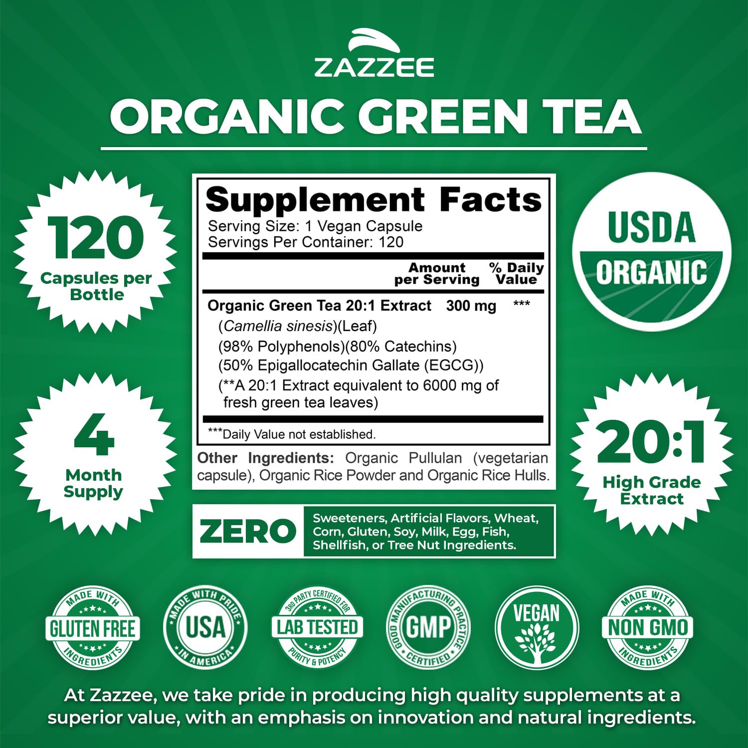 Zazzee USDA Organic Green Tea 20:1 Extract, 120 Vegan Capsules, 50% EGCG — Amazon image 3