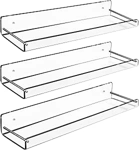 AMT 3 Pack Acrylic Floating Shelves, 15" L x 3.25" W, Clear Bathroom Wall Shelf, Bookshelves, Invisible Display for Office, Bedroom, Small Gap Allows Water to Escape, Free Screws &amp; Drill Bit (Medium)