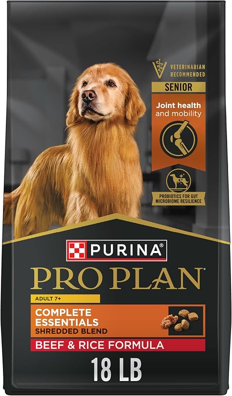 Purina Pro Plan Adult 7 Plus Complete Essentials Alimento seco para perros mayores, 18 lb | Mezcla de carne de res y arroz desmenuzada, 29 % de proteína, favorece la salud de los músculos y las articulaciones en perros mayores