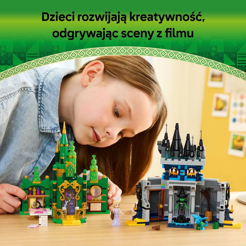 LEGO Wicked Emerald City i Kiamo Ko Castle 75689 | zamki z klocków dla dzieci, zabawki dla 9-latki, prezent Wicked, na urodziny dla dziewczynki i chłopca, 860 elementów