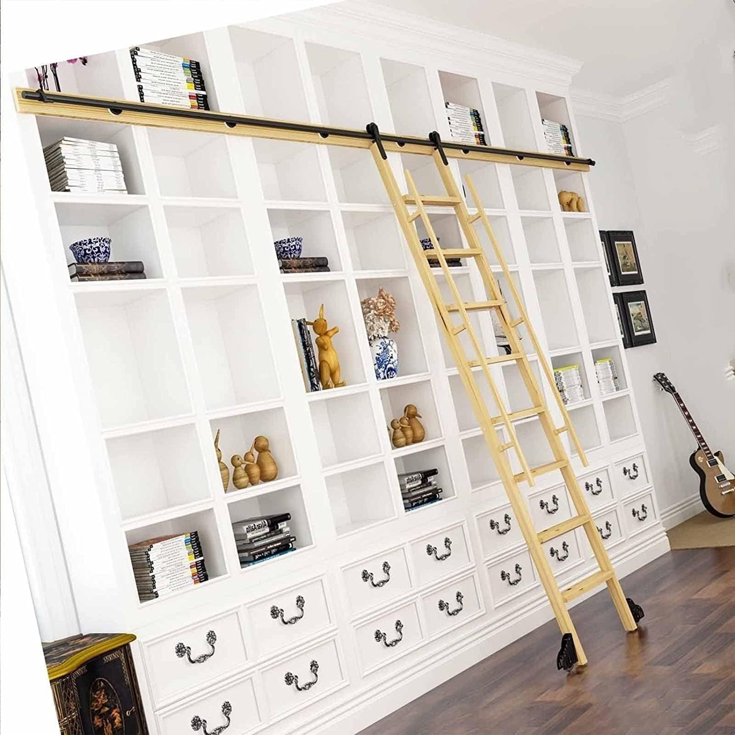 Rolling Library Sliding Ladder Hardware Kit - Sliding Door Track Hardware Accessories, Mobile Ladder Hardware Kit, with Floor Rollers, Carbon Steel, Smooth and Quiet Sliding, No La