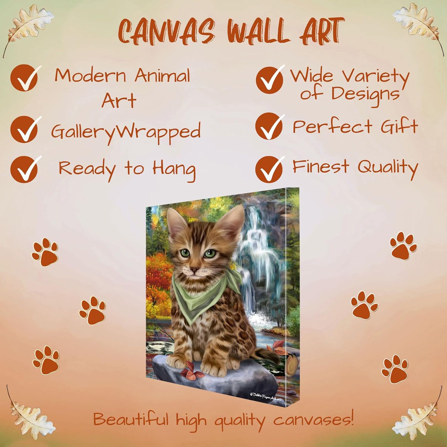 Doggie of the Day Waterfall with Bengal Cats Canvas Wall Art - Premium Quality Ready to Hang Room Decor - Flat Rolled 16" x 20"