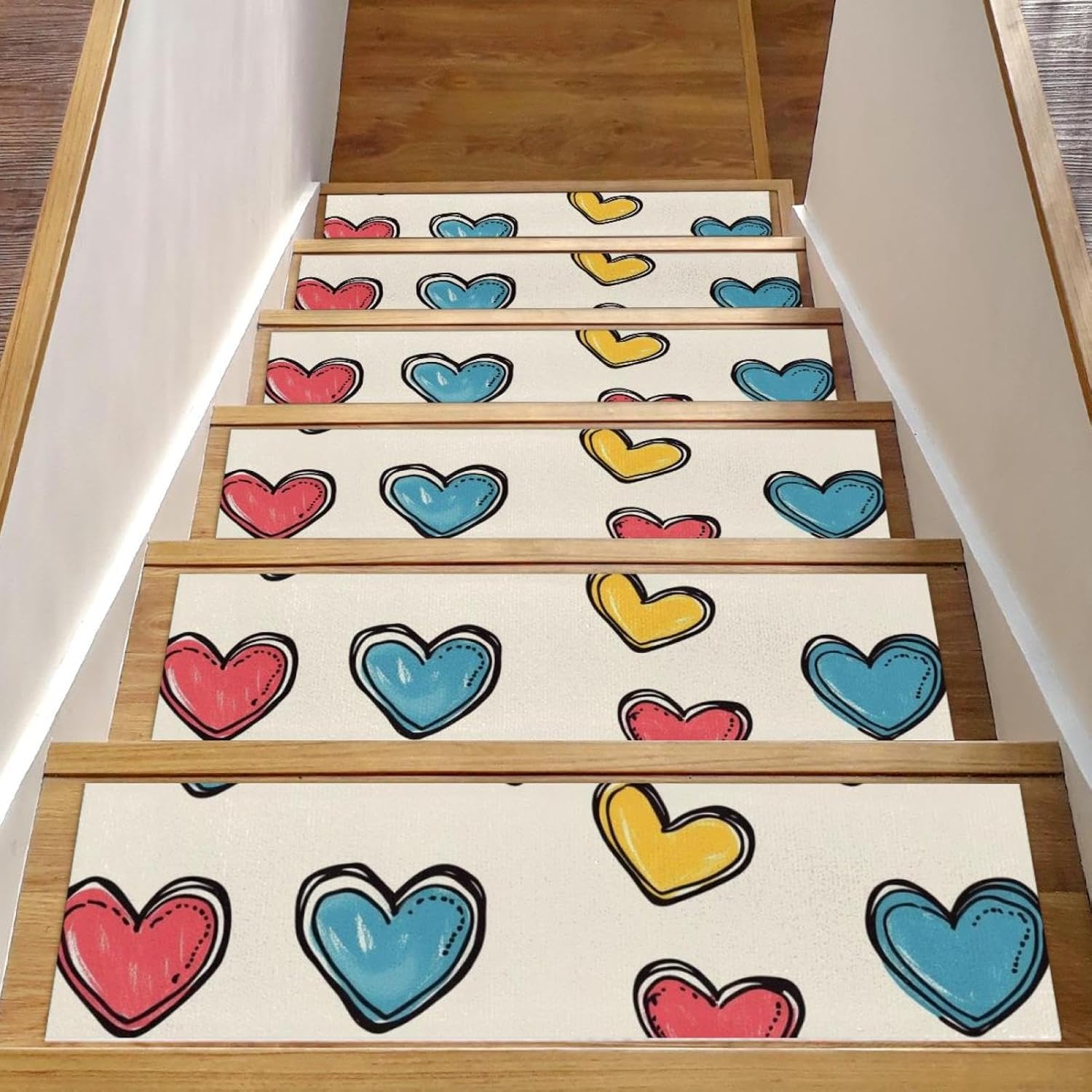Self Adhesive Residue Free Machine Washable Reusable Stair Treads Non Slip Steps Small Colorful Hearts Stair Runner Indoor – 15 Pack 30″X8″ Anti Slip Mats