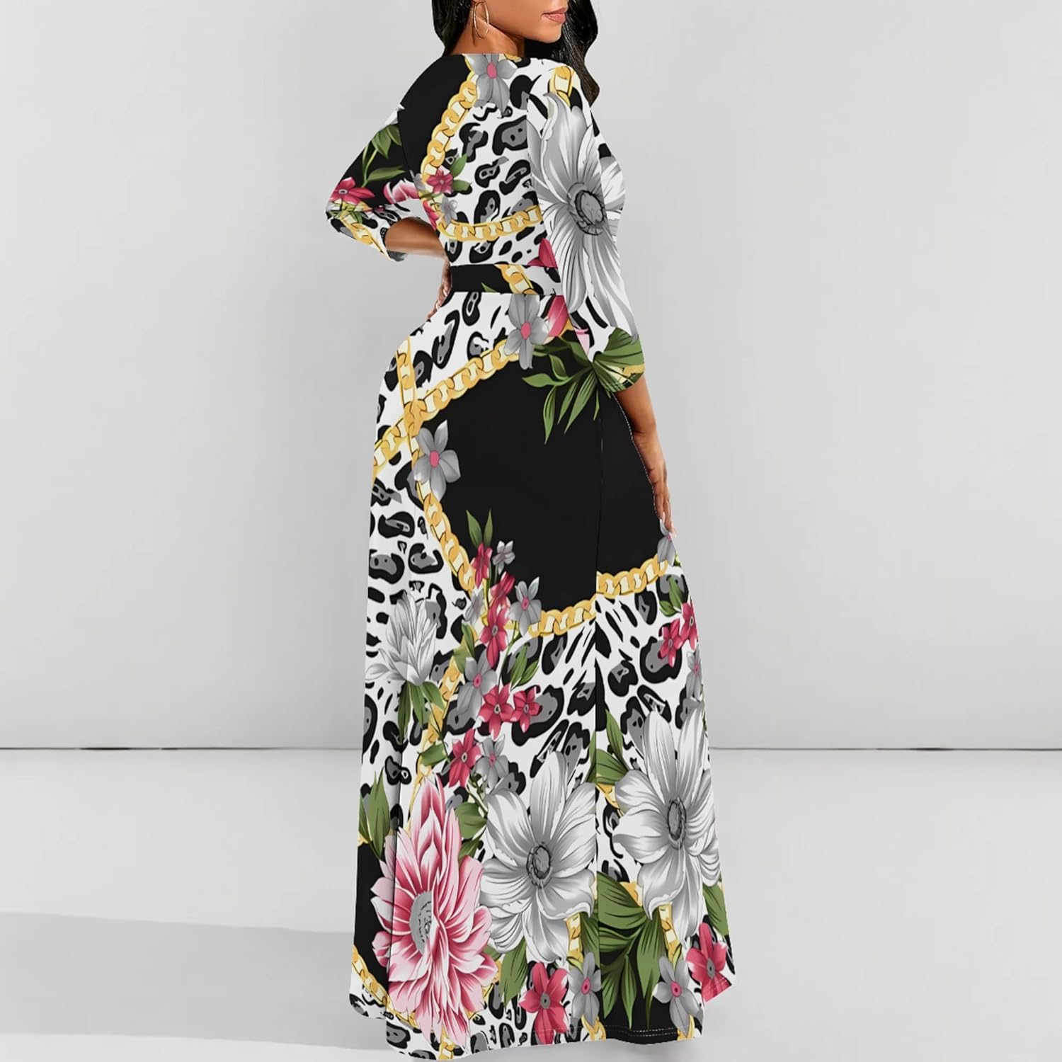 Plus Size Maxi Dresses for Curvy Women Casual 3/4 Sleeve Crewneck Floor Length Floral Print Dress with Belt - Image 6