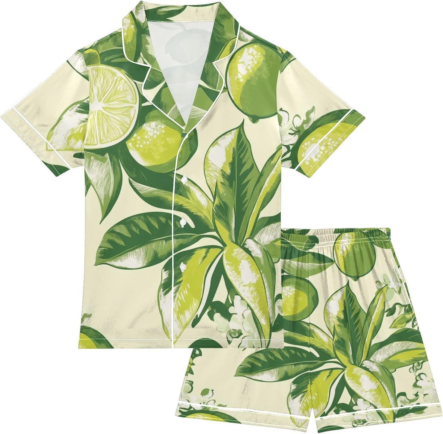 ZZXXB Lime and Floral Kids Satin Short Sets Outfits Casual Button Down Short Sleeve Lounge Set S-XXL