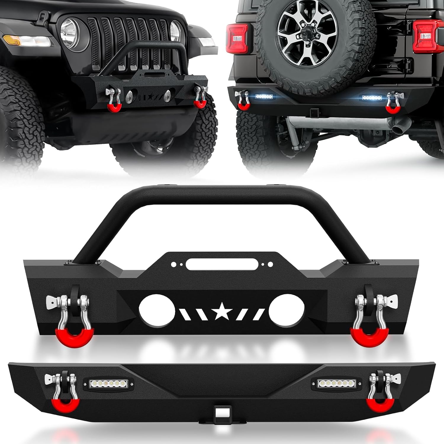 Front and Rear Bumpers Compatible with 2018-2026 Jeep Wrangler JL JLU Unlimited with Winch Plate, 2" Hitch Receiver, 2 x LED Lights, Fog Lights Holes, Bull Bar with hoops, D-rings, 2/4 Doors