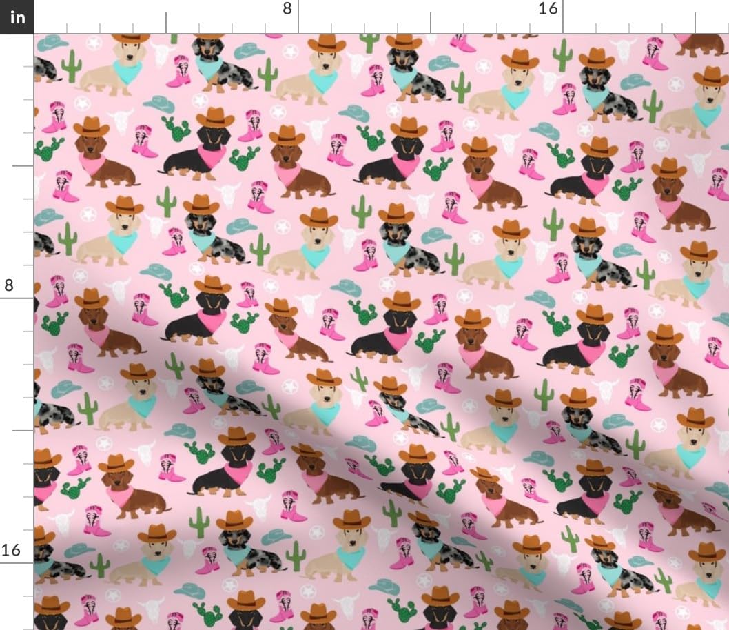 Spoonflower Fabric - Western Dogs Cowboy Dachshund Cowgirl Southwest Cute Pet Pink Cactus Printed on Petal Cotton Fabric Fat Quarter - Sewing Quilting Apparel Crafts Decor