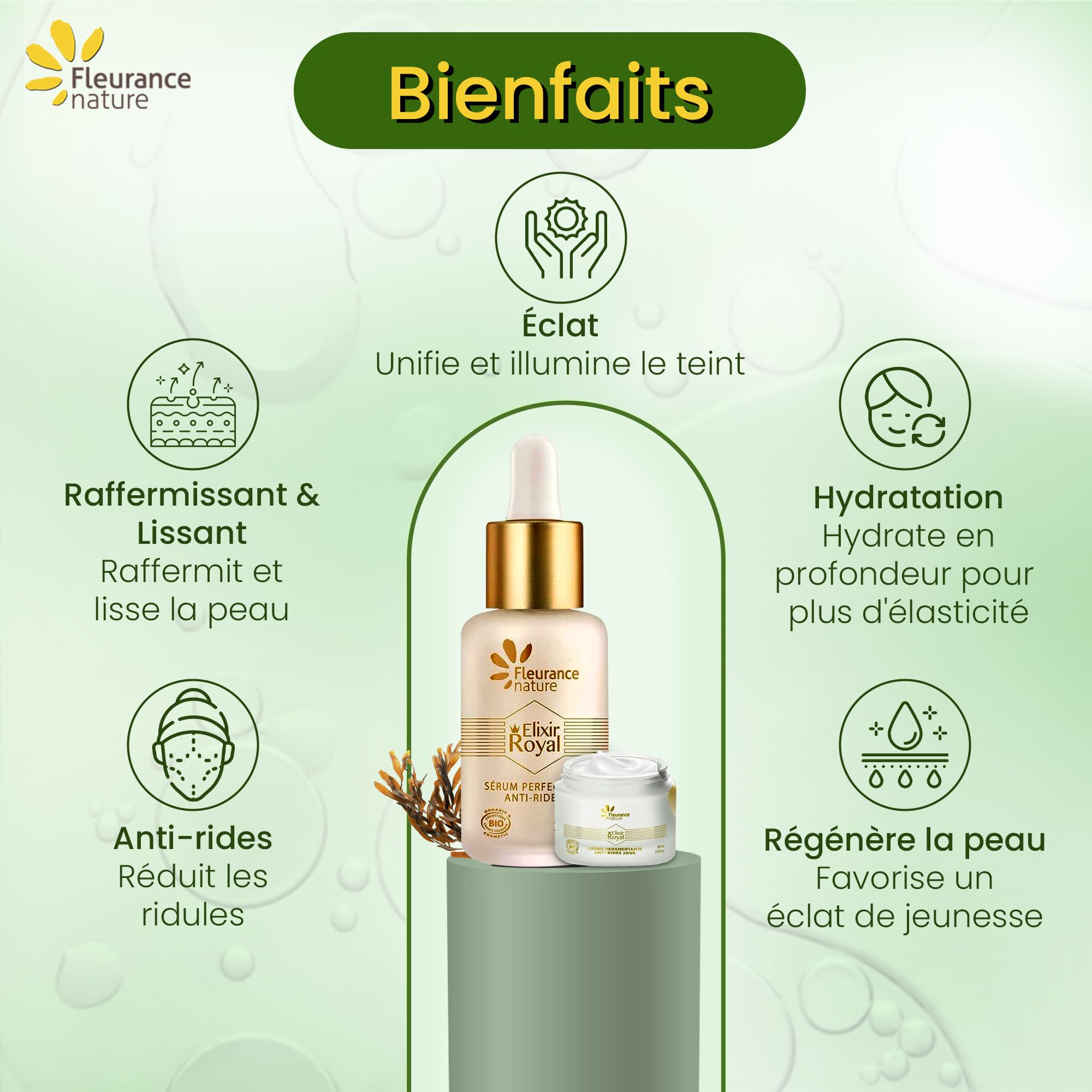Fleurance Nature, Zestaw Elixir Royal, prezent do pielęgnacji twarzy dla kobiet, kosmetyki organiczne z certyfikatem ecocert, piękno kobiety, serum i krem do twarzy