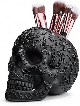Skull Makeup Brush Holder, Pen Holder, Vanity, Desk, Office Organizer, Stationary, Decor Planter, Candy Bowl, Goth Decorations, Extra Large, Skulls Gothic Skull & Bones Organizer Bathroom