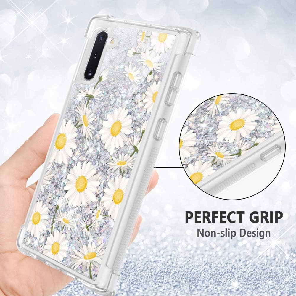 Caka Galaxy Note 10 Case, Note 10 Glitter Floral Full Body Case Without Screen Protector Bling Sparkly Floating Liquid Flower Girly Girls Women Protective Bumper Case for Galaxy Note 10 (Daisy)