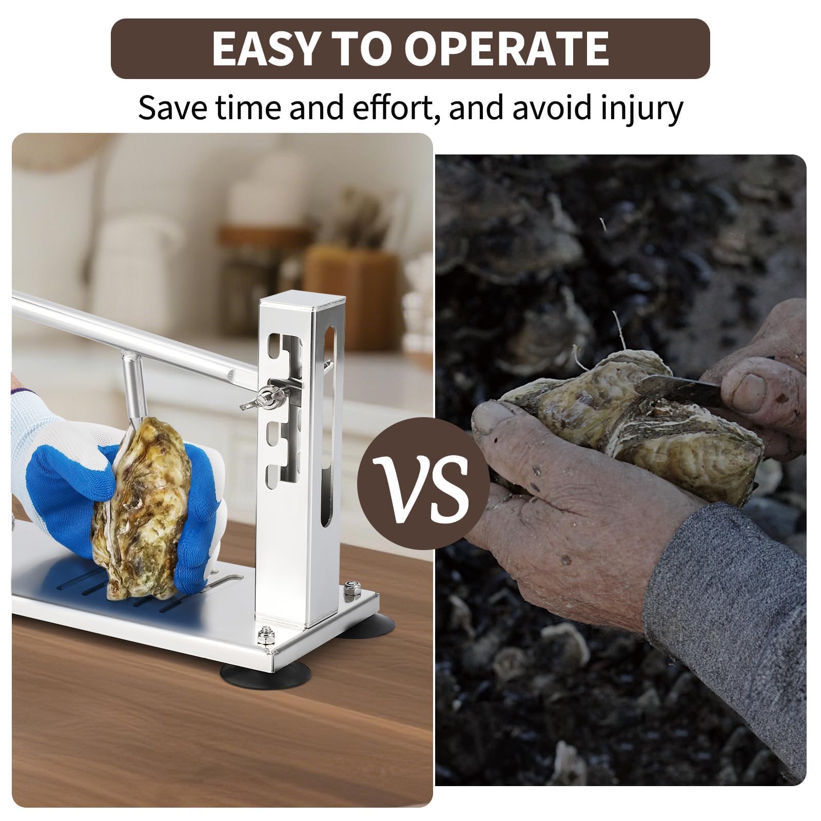 Ouvre-Huîtres Professionnel 5 Niveaux Réglables, Décortiqueur d'Huîtres en Acier Inoxydable Alimentaire, Double Fixation Ventouse & Étau, Kit Complet Couteau+ Gant Anti-Coupure pour Cuisine Restaurant