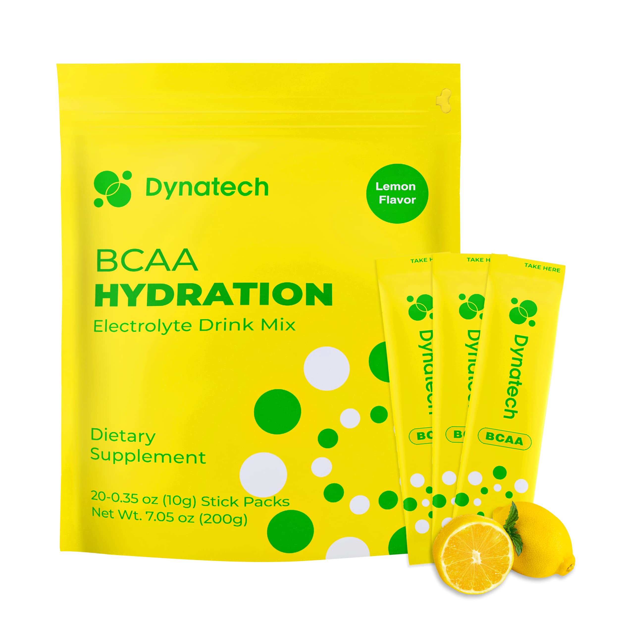 Dynatech Hydration Electrolyte Powder Packets - Low Sodium & Sugar - Contains BCAAs & Multi-Vitamins - Convenient On-The-Go - Non-GMO, Gluten-Free, Vegan - Lemon Flavor - 20 Stick Packs