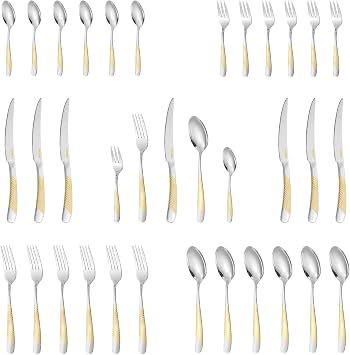 30-Piece Silverware Set, Luxury Gold Silverware Kitchen Flatware Sets Service for 6, Premium Cutlery Utensil Set with Dinner Knife Spoon Fork Set, Durable Stainless Steel Tableware Sets