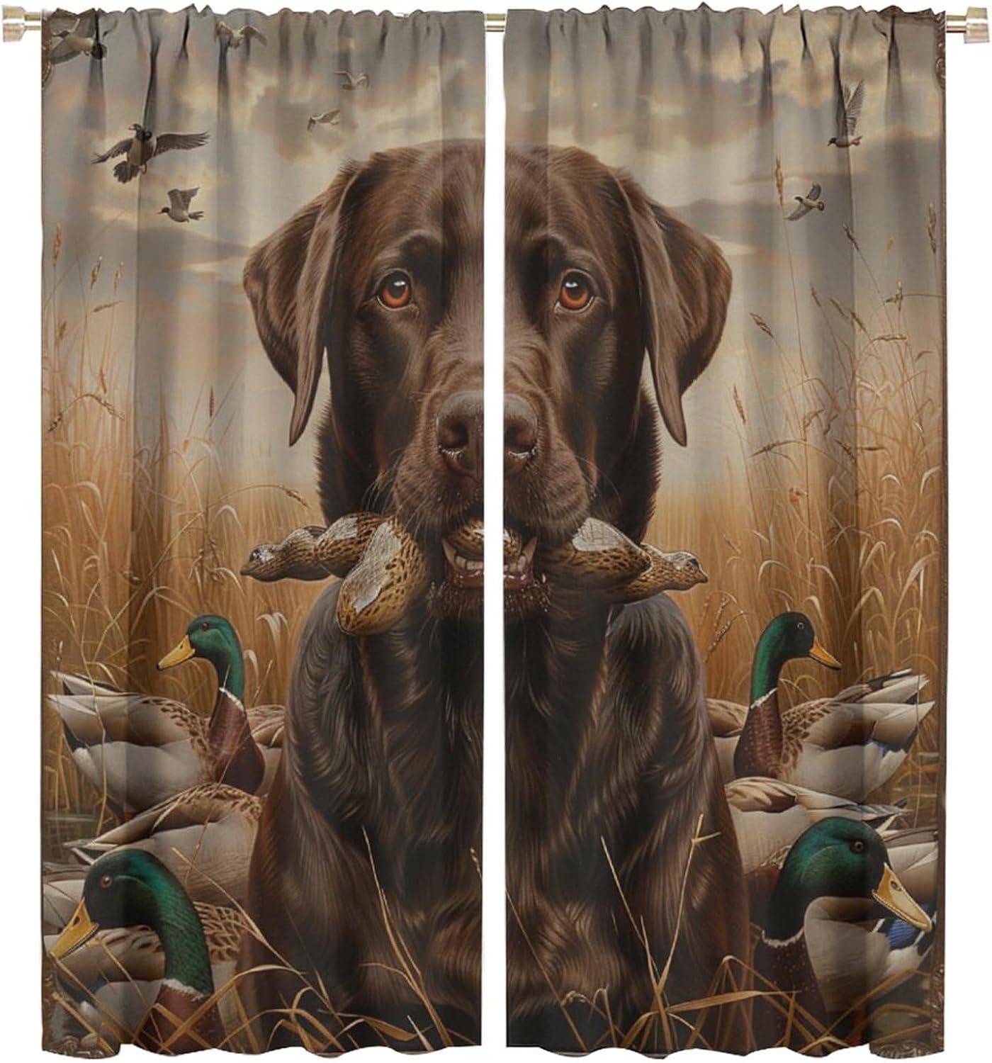Modern Nature Dog Blackout Curtains, Mallard Duck Animal Labrador Bird Curtains Rod Pocket Thermal Insulated Window Drapes for Bedroom/Living Room, 21W x 45L, 2 Panels