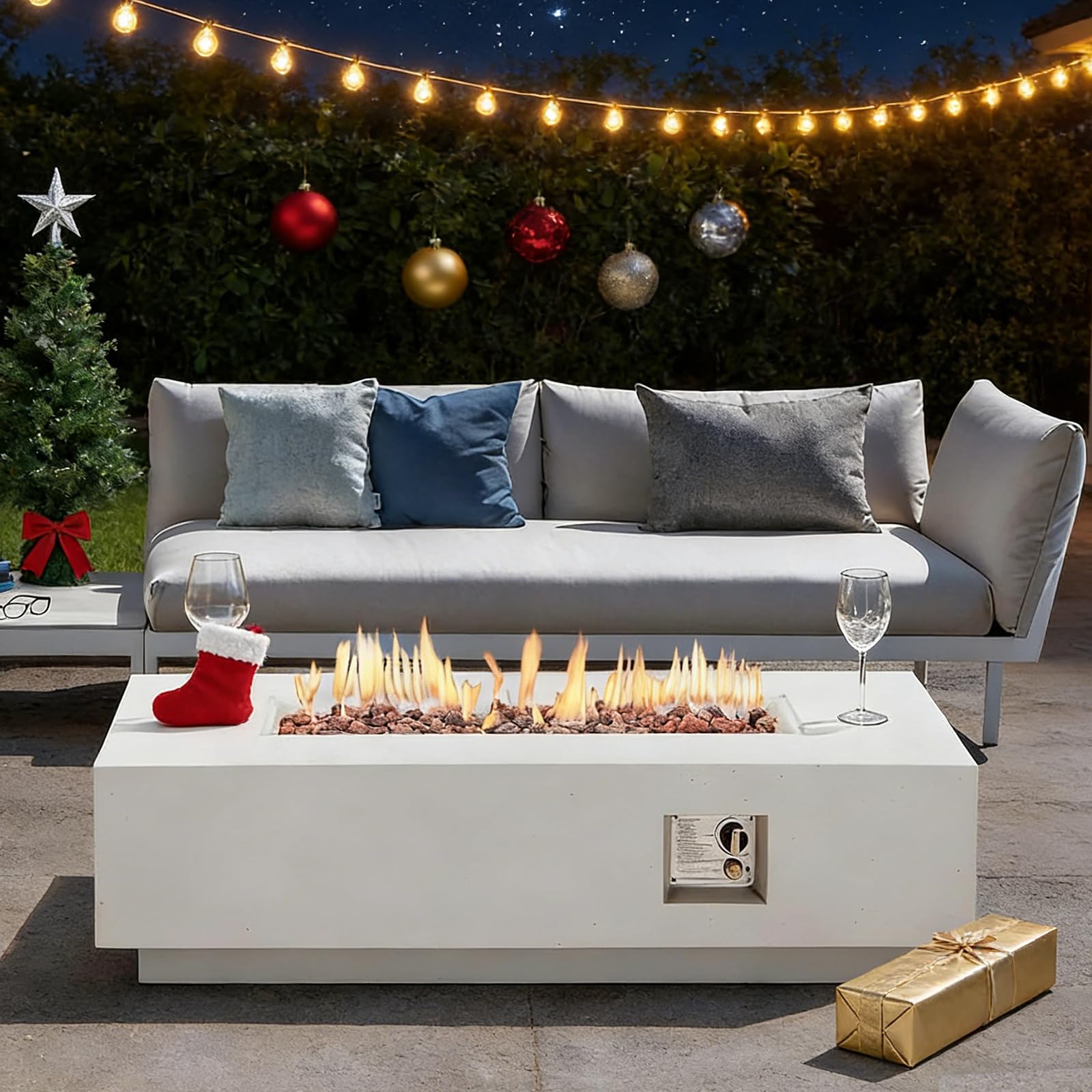 ECOTOUGE 56" Patio Propane Fire Pit Table, 50,000 BTU Rectangle Concrete Fire Pits with Waterproof Cover, Auto-Ignition, Free Lava Rocks for Garden, Porch, Backyard, White