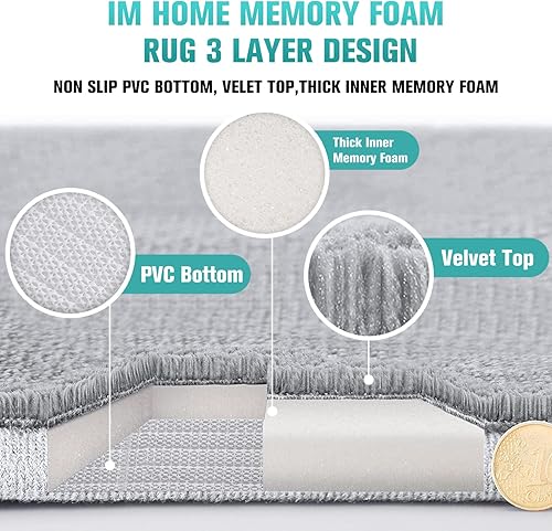 Miniatura 5 de Juego de 3 tapetes de baño de espuma viscoelástica, de terciopelo, ultra suaves, antideslizantes y absorbentes, lavables, color gris claro, patrón