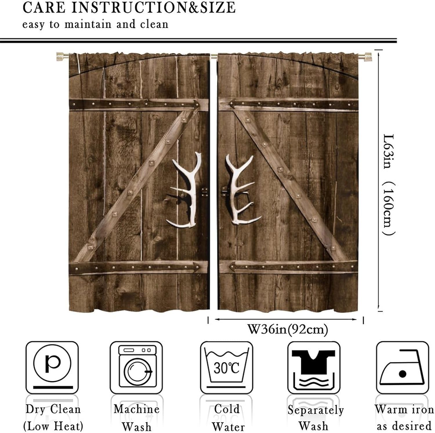Rural Vintage Brown Wood Curtains, Rustic Farmhouse Barn Door Antler Handle, Room Darkening Thermal Insulation Rod Pocket Window Treatments for Living Room Bedroom Bathroom 72x63in