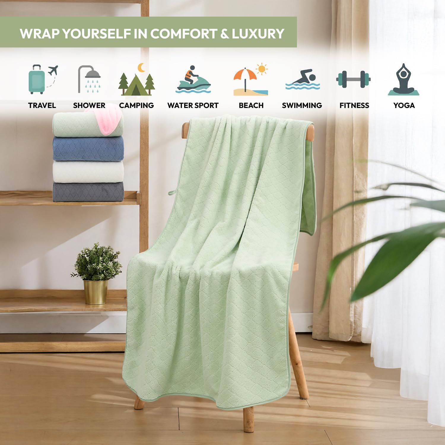 JML Microfiber Bath Towels, 2 Pack, 27x55 in, Light Green image 5