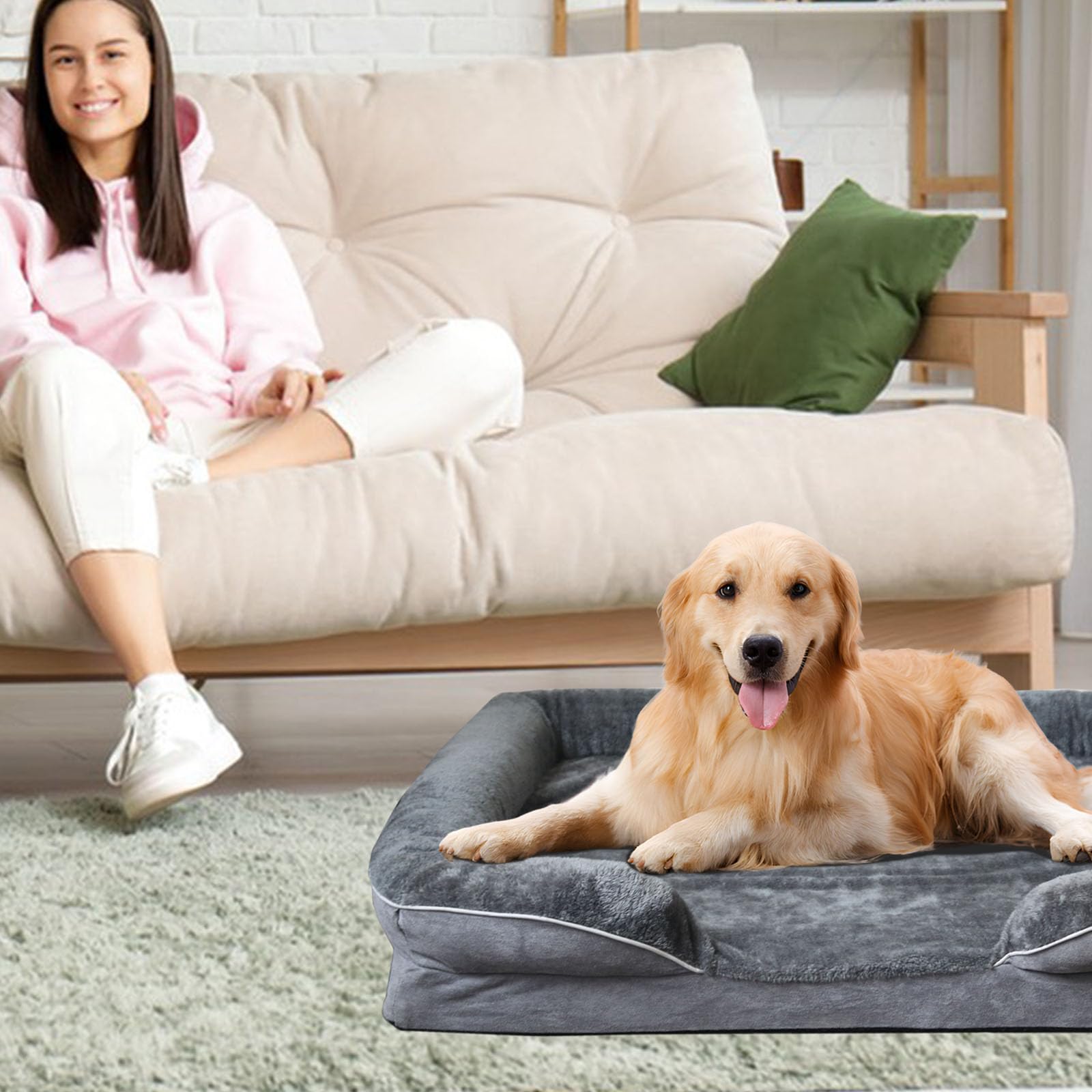 Cama ortopédica para perros, impermeable, cama grande para perros grandes, jumbo, medianos y pequeños (cinco lados, 38 x 30 x 7.8 pulgadas)