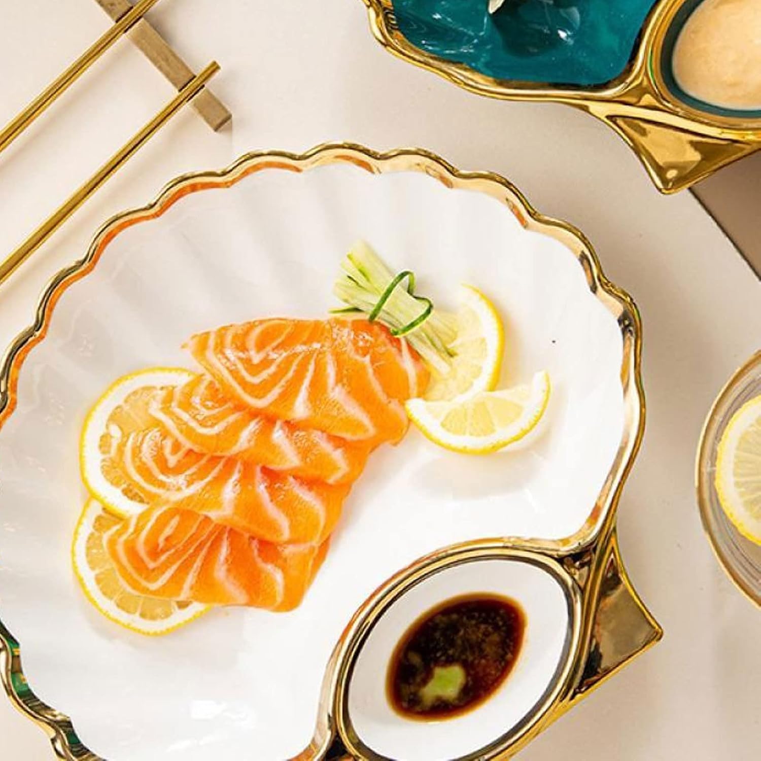 Dining Plate Ceramic Dish Accessories Sushi Plate Set for Home Dumpling Plate Shell Shaped Tableware Sushi Dish Kitchen Accessories (Green One Size)