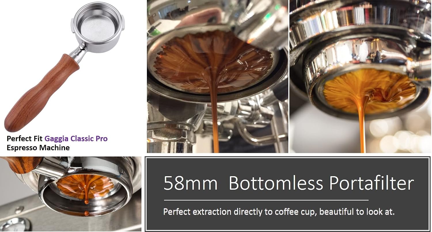 58mm Bottomless Portafilter Compatible with Gaggia Classic Pro Espresso Machines with Stainless Steel Filter Basket-Wooden Handle, Rosewooden